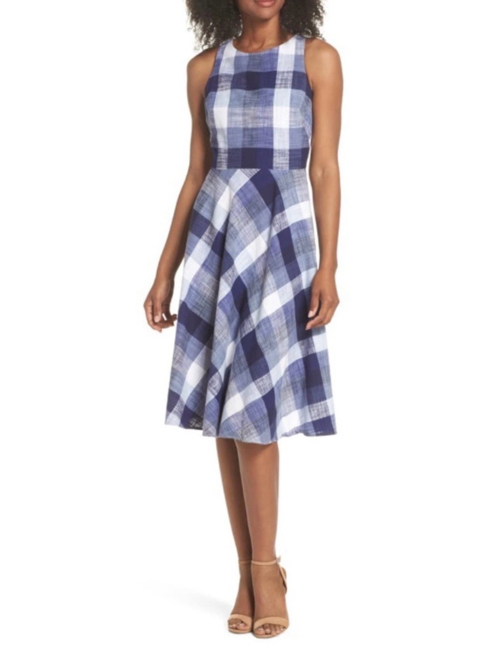 Eliza J Navy And White Plaid Sleeveless Midi Dress Size 12
